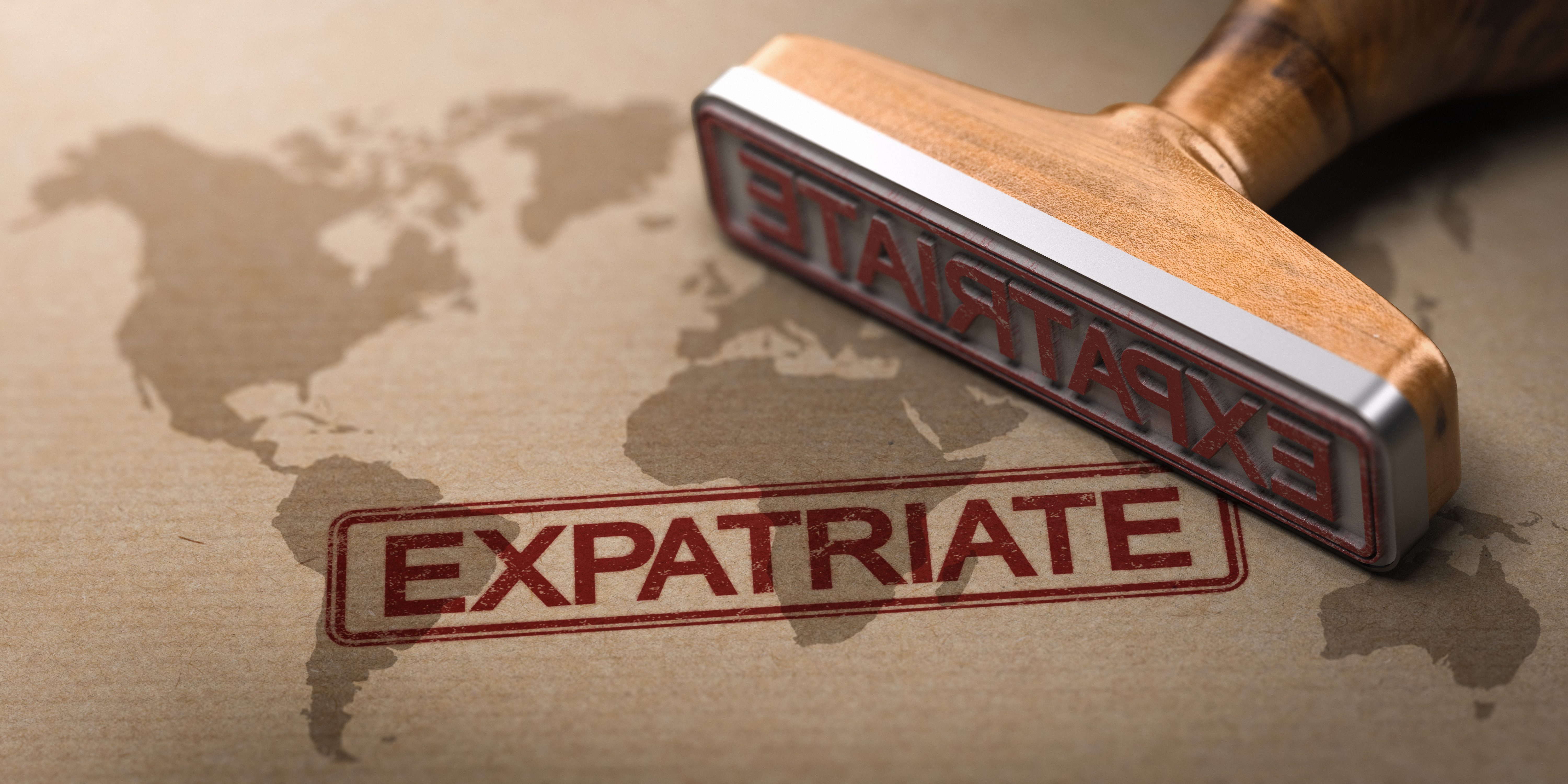 3D illustration of a world map with the word expatriate printed on it and a rubber stamp. Concept of expatriation.